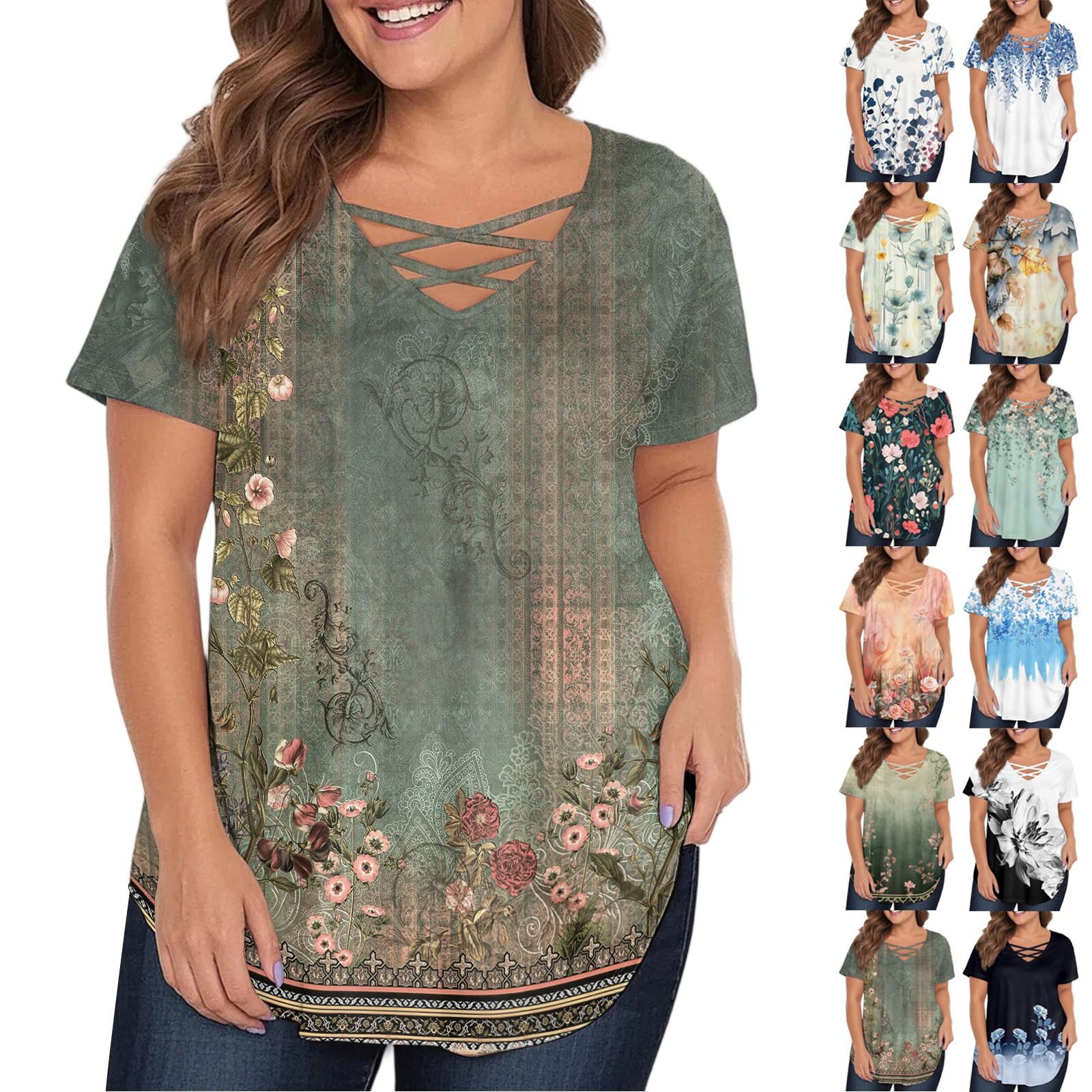 

Women s Fashion Casual Printed V-Neck Short Sleeve Large Size T-Shirt Top XXL Темно-синій