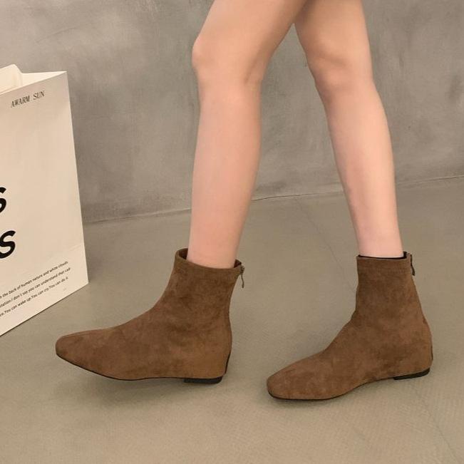 Height-increasing Short Boots Women's Boots 2025 Autumn and Winter New Korean Version Simple Short Boots Rear Zipper Square Head Fashion Boots Wo