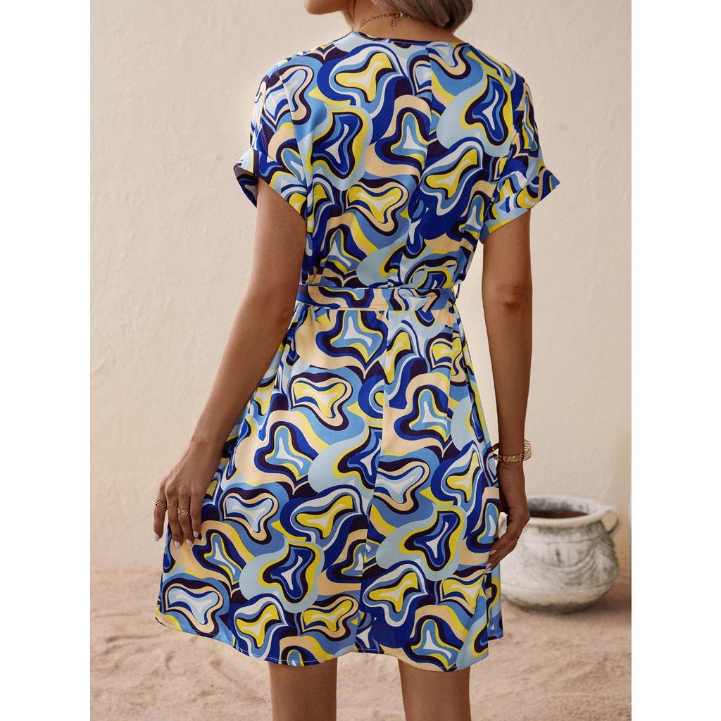 Women's Elegant V-neck Short Sleeve Print Dress, Lace-up Waist Cinched European American Style Casual Party Dress
