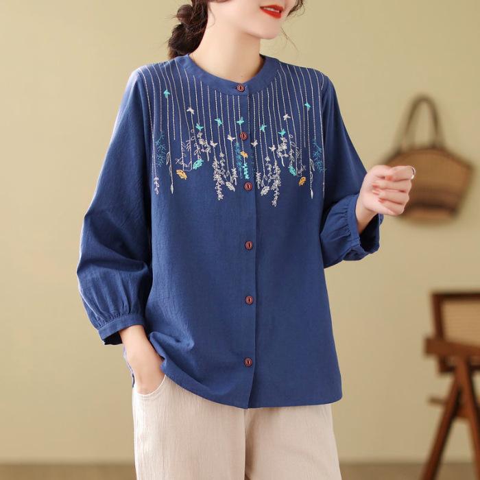 Women's Long Sleeved Shirt Plus Size Top Shirt Cotton Spring Outfit Loose Middle-aged Embroidered Shirt