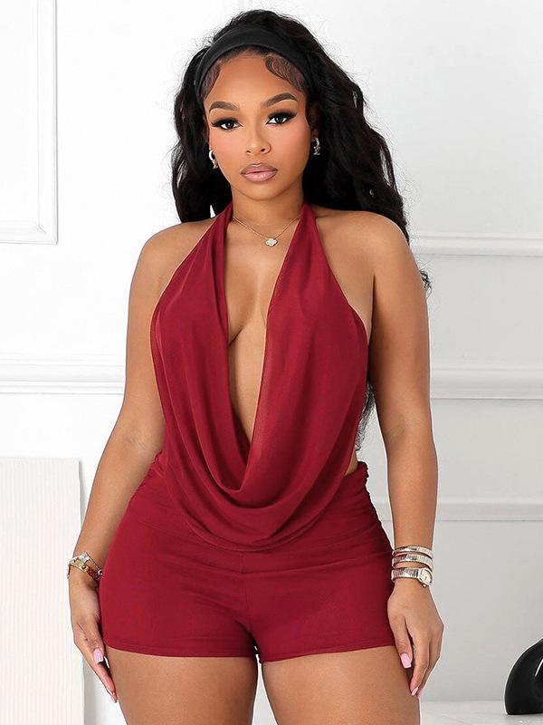 European & American Sexy Low-Cut Halter Backless Top with High-Waisted Ultra-Short Pants Two-Piece Set for Women.