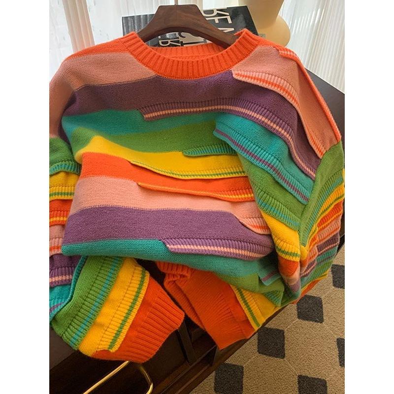 Lazy Wind Rainbow Contrasting Color Knitted Sweater Women's Autumn and Winter New Loose Casual Striped Pullover Sweater Women