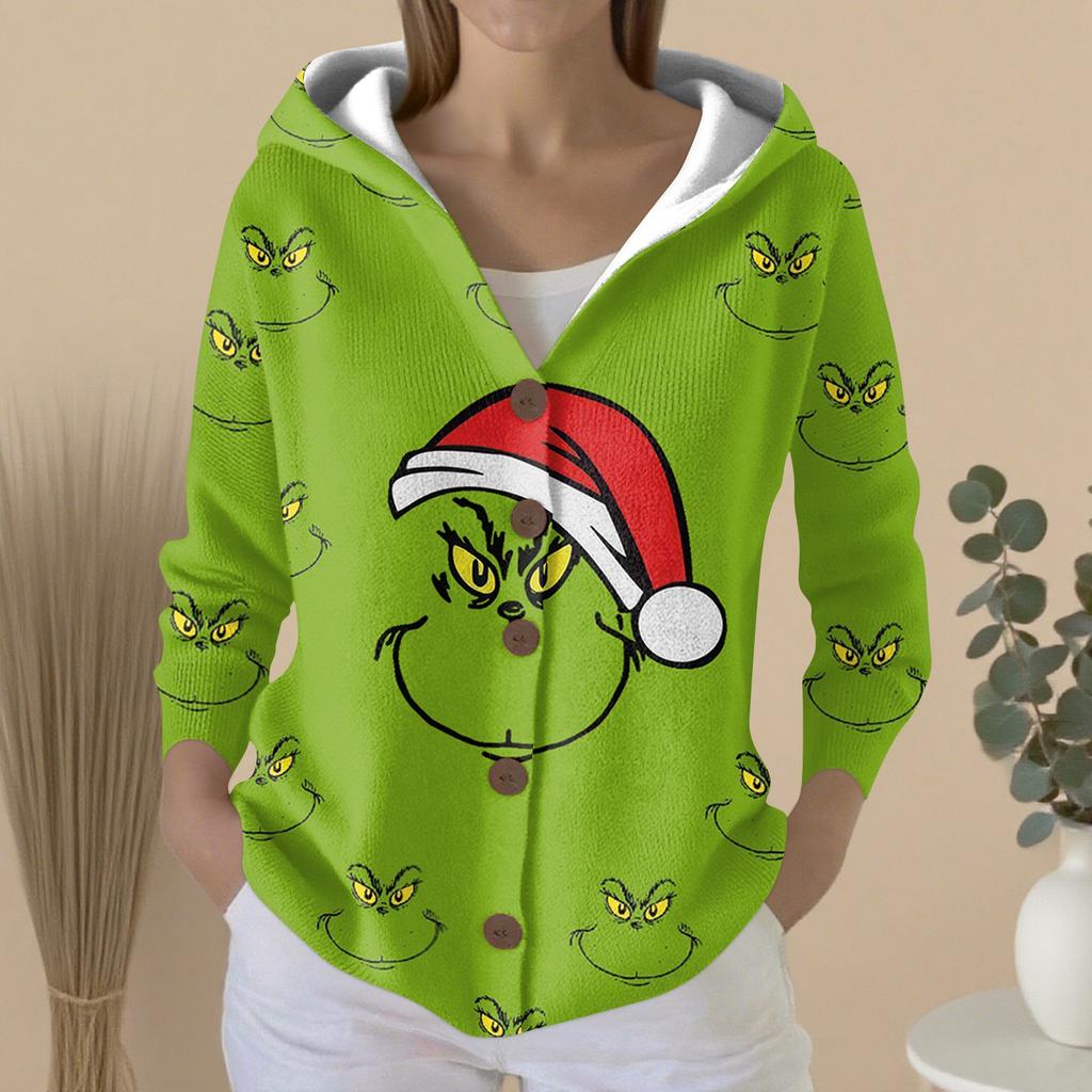 Women's Fashion Casual Sweater Button-Up Print Cardigan  Hooded Jacket