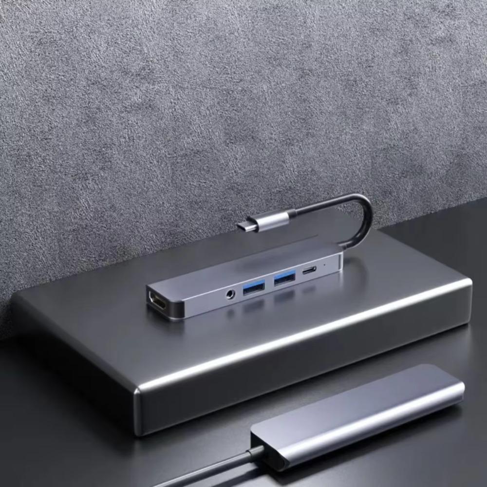 4K@30Hz 100W PD Plug&Play 5-in-1 USB C Hub Type C to HDMI-Compatible USB3.0/2.0 & 3.5mm Audio Jack for Laptop Smartphone Tablet