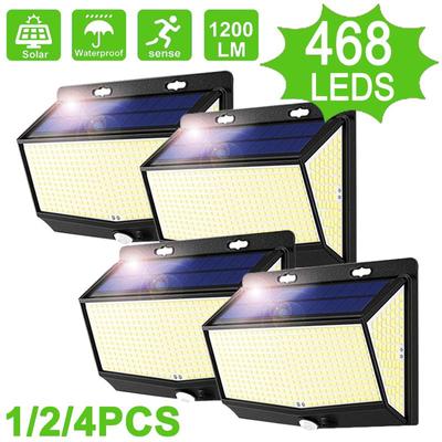 Lampada da parete solare da esterno con sensore di movimento a 468 LED, lampada stradale impermeabile con sensore di movimento a 3 modalità per giardino, patio, balcone