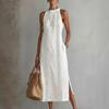 Vestito estivo da donna senza maniche con girocollo, tunica, vestito canotta, casual, ampio, boho, da spiaggia, con spacco laterale, abito estivo