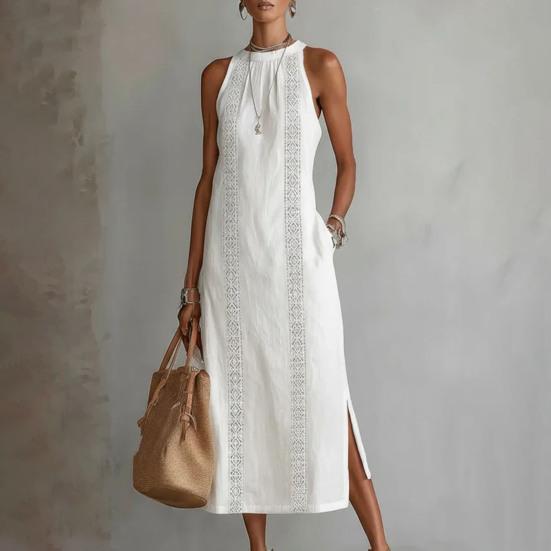 Vestito estivo da donna senza maniche con girocollo, tunica, vestito canotta, casual, ampio, boho, da spiaggia, con spacco laterale, abito estivo