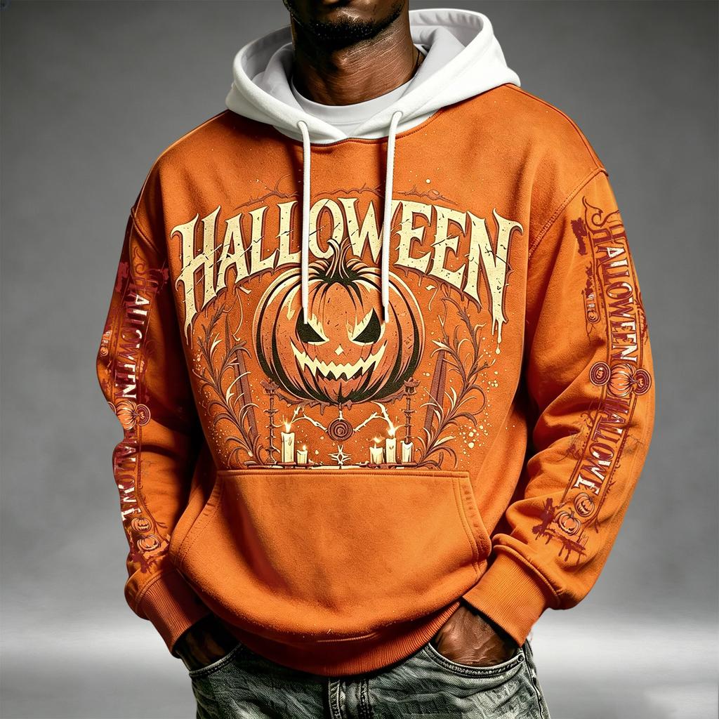 Men's Loose Fit Halloween Print Hoodie with Pocket and Drawstring for Casual Everyday Wear