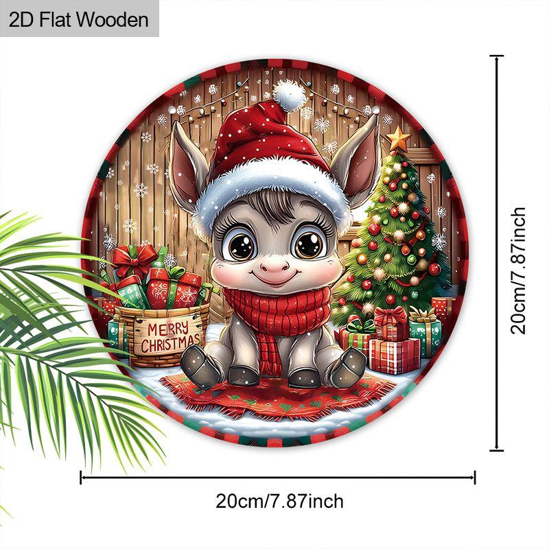 Christmas Cute Donkey Merry Christmas Round Wooden Hanging Sign, 2D Flat Printed Wall Door Ornament, Xmas Home Porch Holiday Decor Gift