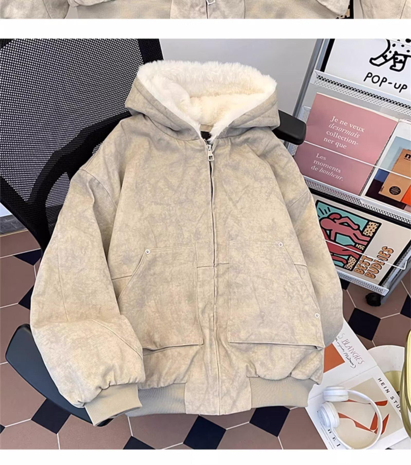 Men s Retro High Street Winter Hooded Velvet Jacket 2XL бежевый