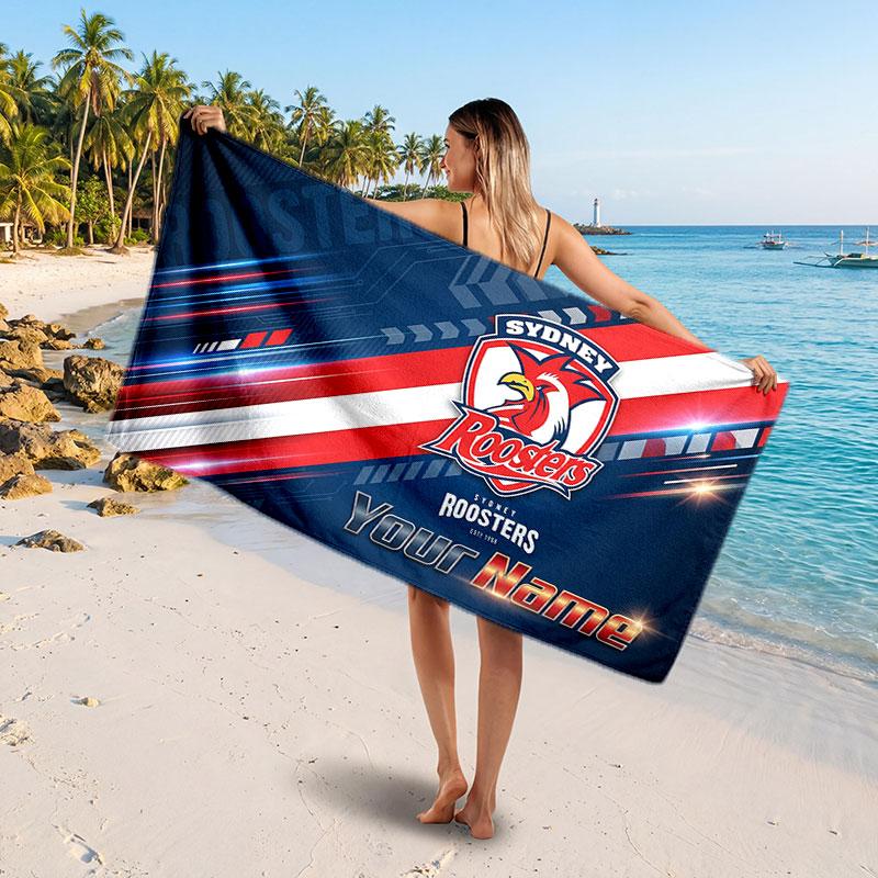 Sydney Roosters Customized Name Text Beach Towel, Soft Absorbent Towel Beach Pool Travel Personal Gift