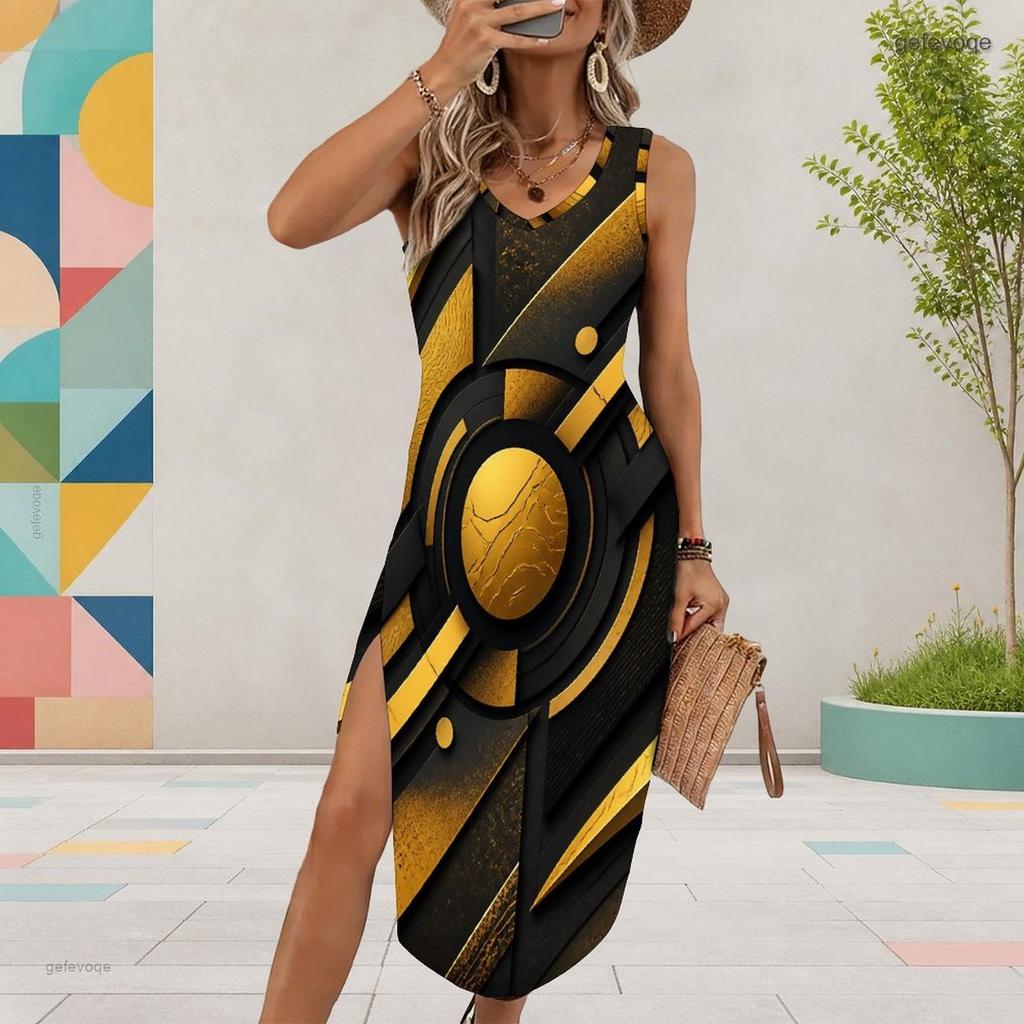 Women Plus Size Sleeveless U Neck Printed Light Purple High Side Slit Midi Dress