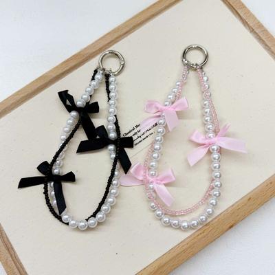 Sladká perlová retiazka na mobilný telefón Baletný štýl Mašľová retiazka Univerzálny prívesok na mobilný telefón Ružový korálkový prívesok Kľúčenka