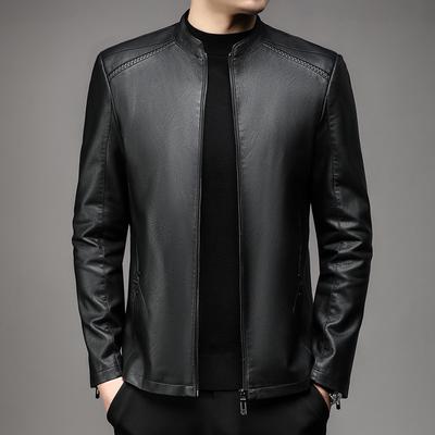 Velvet Stand Collar Leather Jacket Men's Simple Business Casual Leather Jacket Men's Autumn and Winter New Leather Jacket
