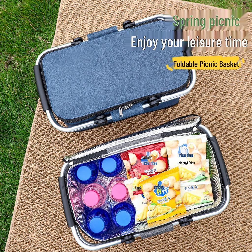 Katlanabilir Dış Mekan Yalıtımlı Piknik Sepeti - Tazeliği Koruyan Alüminyum Saplı Su Geçirmez Oxford Kumaş