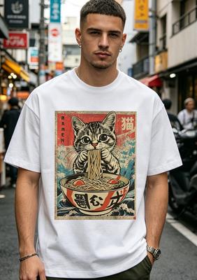1pc Cute Cat Ramen Anime T-Shirt, Men's Exclusive Round Neck Short Sleeve Fit All Seasons, 180g- Perfect for Valentine's Day,
