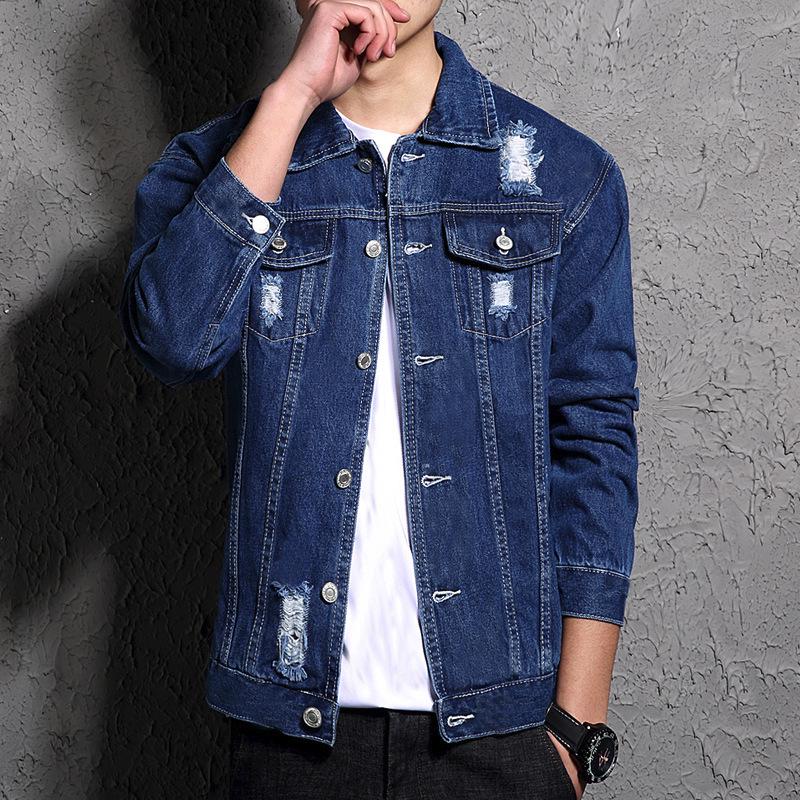 

Мужская рваная джинсовая куртка: Весна/Осень Молодежная классическая повседневная модная куртка XXXL темно-синий