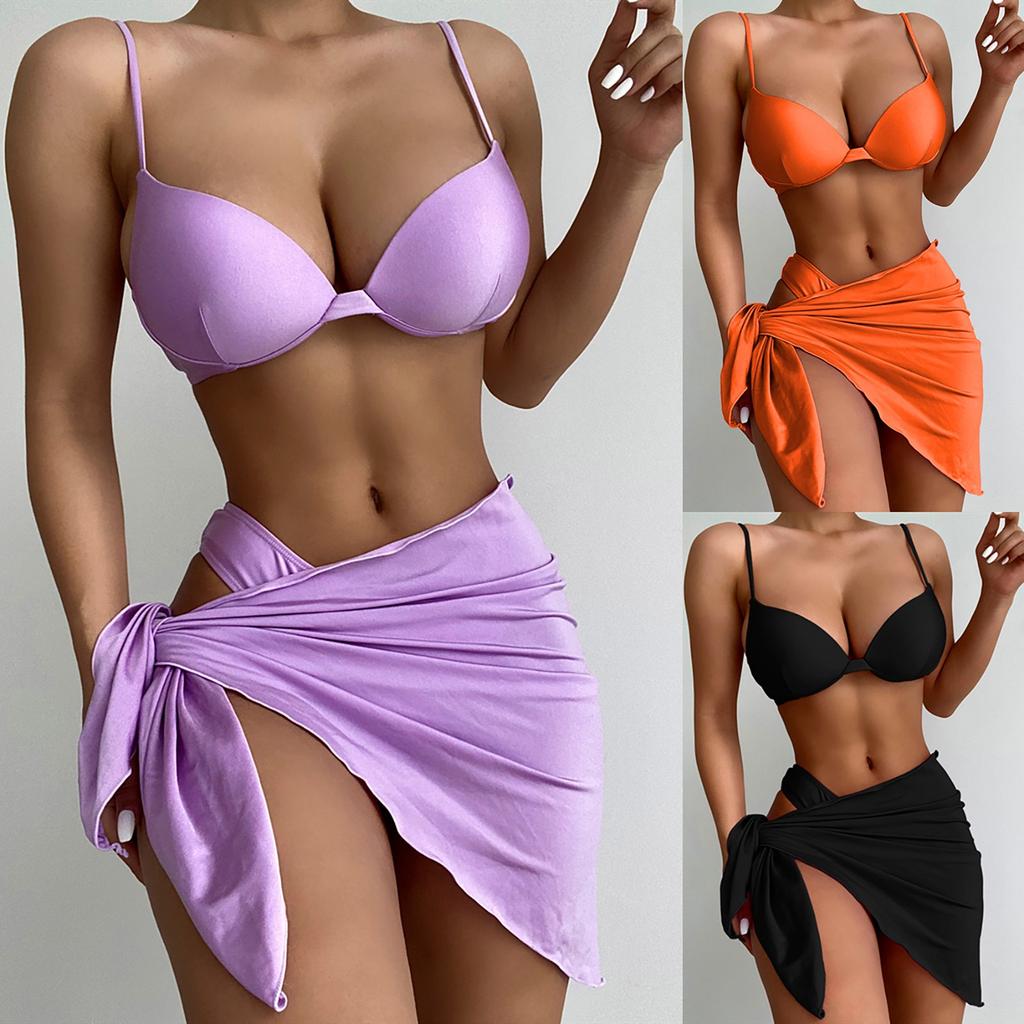 Women Sexy Fashion Bikini Solid Color Three Piece Swimsuit