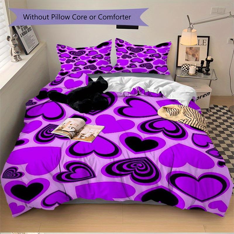 3pcs Purple Heart Pattern Bedding Set, Breathable and Soft, Suitable for All Seasons, Ideal for Home Use, Suitable for Bedroom Decor 21174