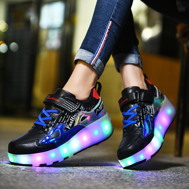 27-43 Detachable Wheel Boys/Girls Double Wheel Luminous Sneakers Can Be Charged Sneakers for Skating Kids Roller Skating Boots