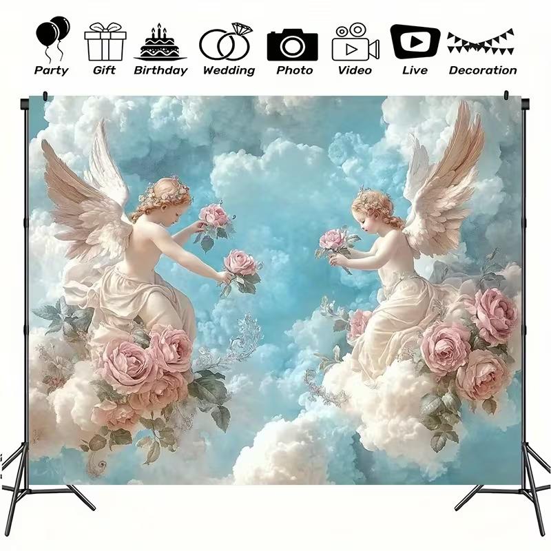 2D Printed Romantic Angel Backdrop, Blue Sky and Floral Photo Booth Background 47.2x31.5inch/120*80cm