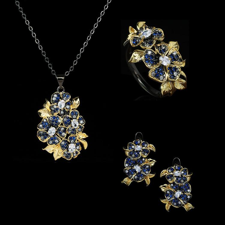 

2026 Luxury Atmospheric Flower Colored Zircon Black Gold Three-piece Ring Necklace Women s Jewelry 10