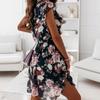 IHUASU Summer Holiday Style Ruffle Short Sleeve Chiffon Printed Rose Dress