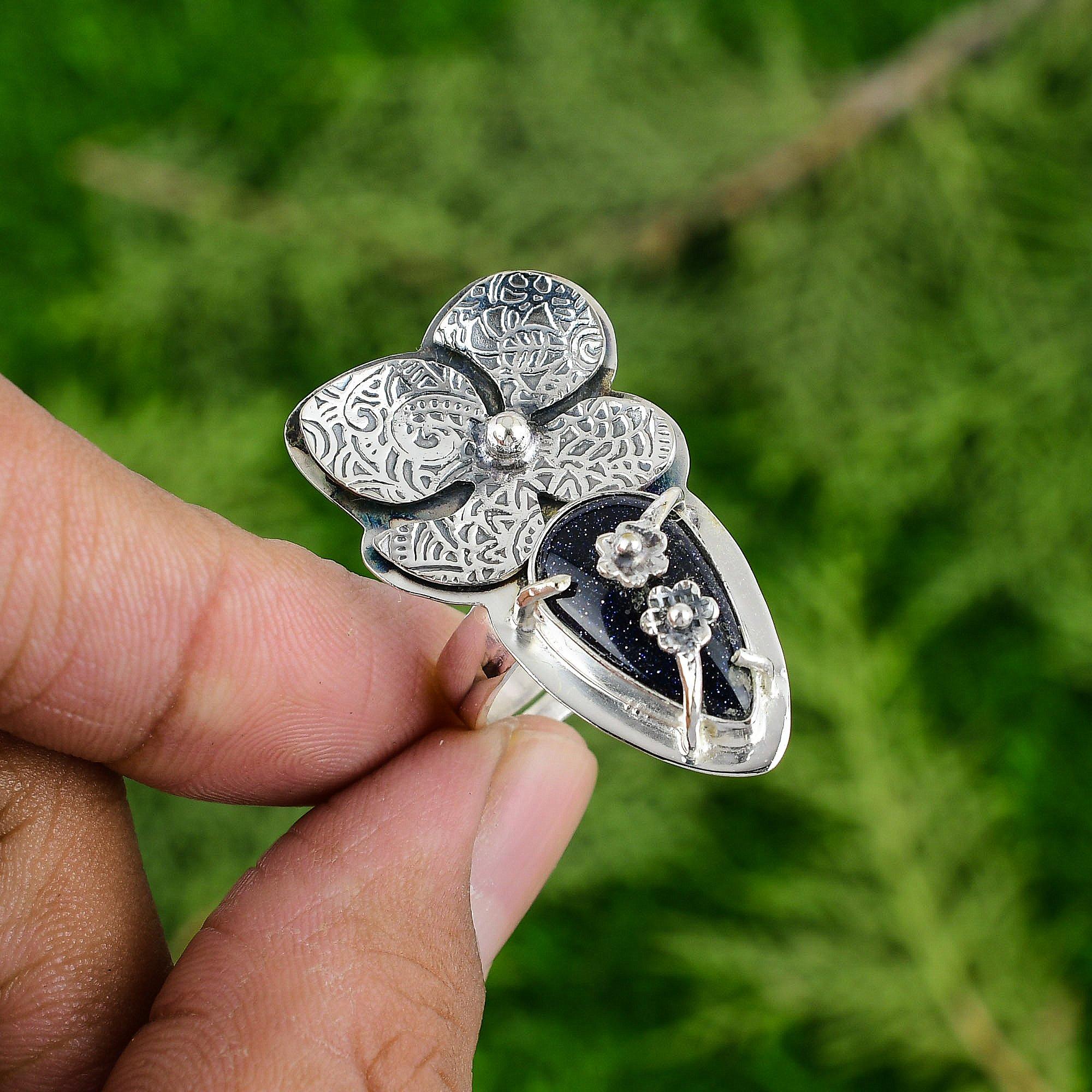 

Sterling Silver Blue Sunstone Stone Artisan Bezel Statement Flower Sister Ring Adjustable