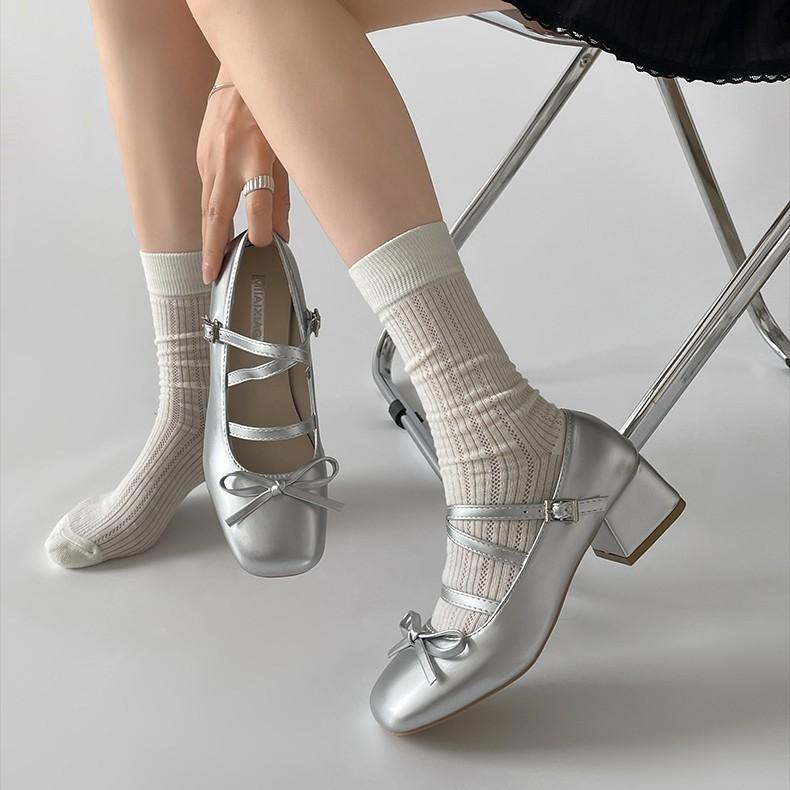 Silver French square head thick high heel light mouth single shoes women's summer 2025 new soft sole with skirt ballet Mary Jane shoes