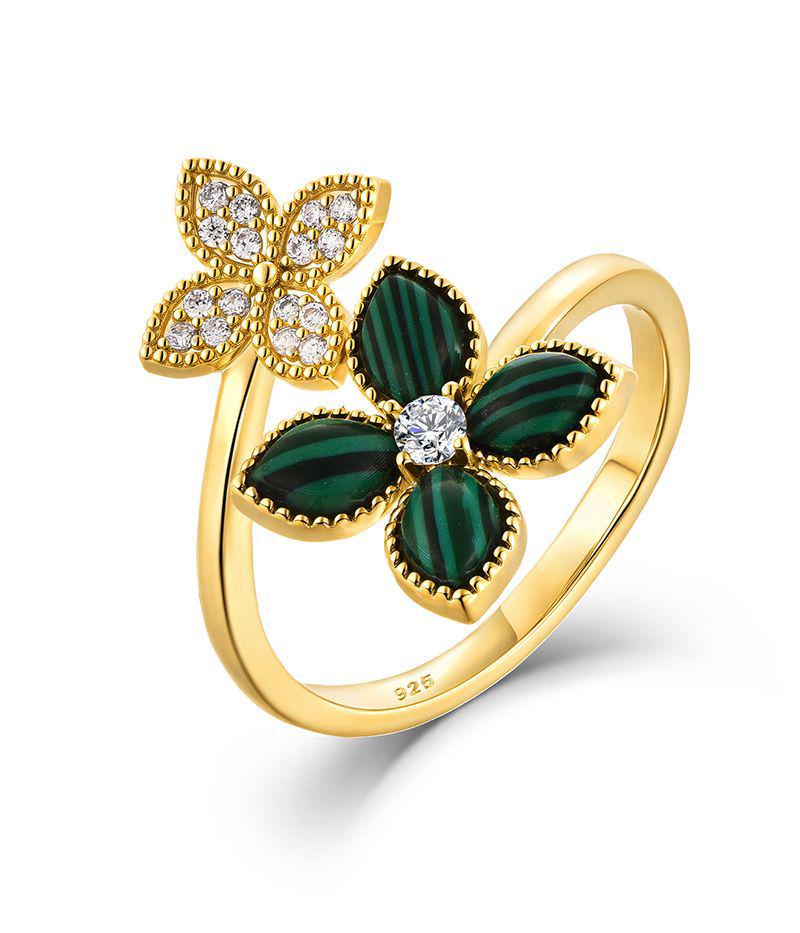 Four-Leaf Clover Malachite Adjustable Ring - Stylish European & American Design Size 8