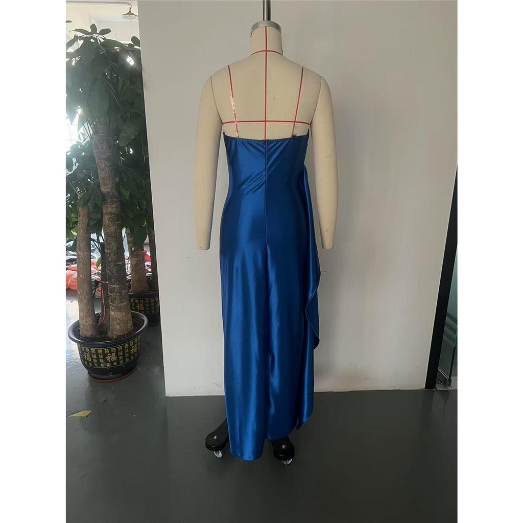 Women's sexy slim deep V trouser satin slit transparent shoulder strap suspender dress