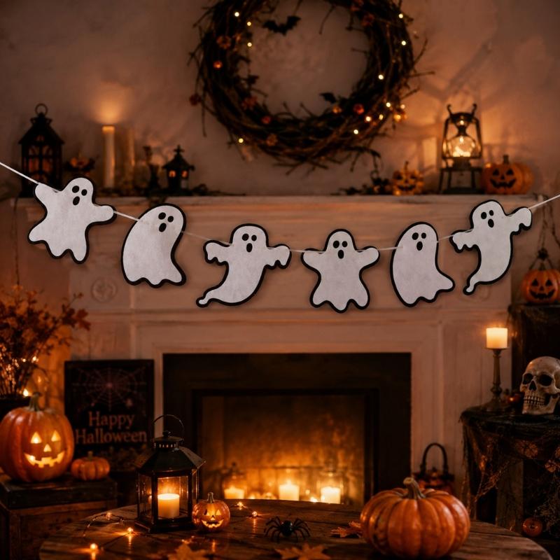 Halloween Character String Decoration 6 Varied Fabric Specter Ornament with Hanging Cord for Doorways, Classrooms, Offices,