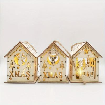 1PC Artesanías de madera navideñas Casa de madera Cabaña Iluminación Adornos Colgante Decoración para árbol de Navidad