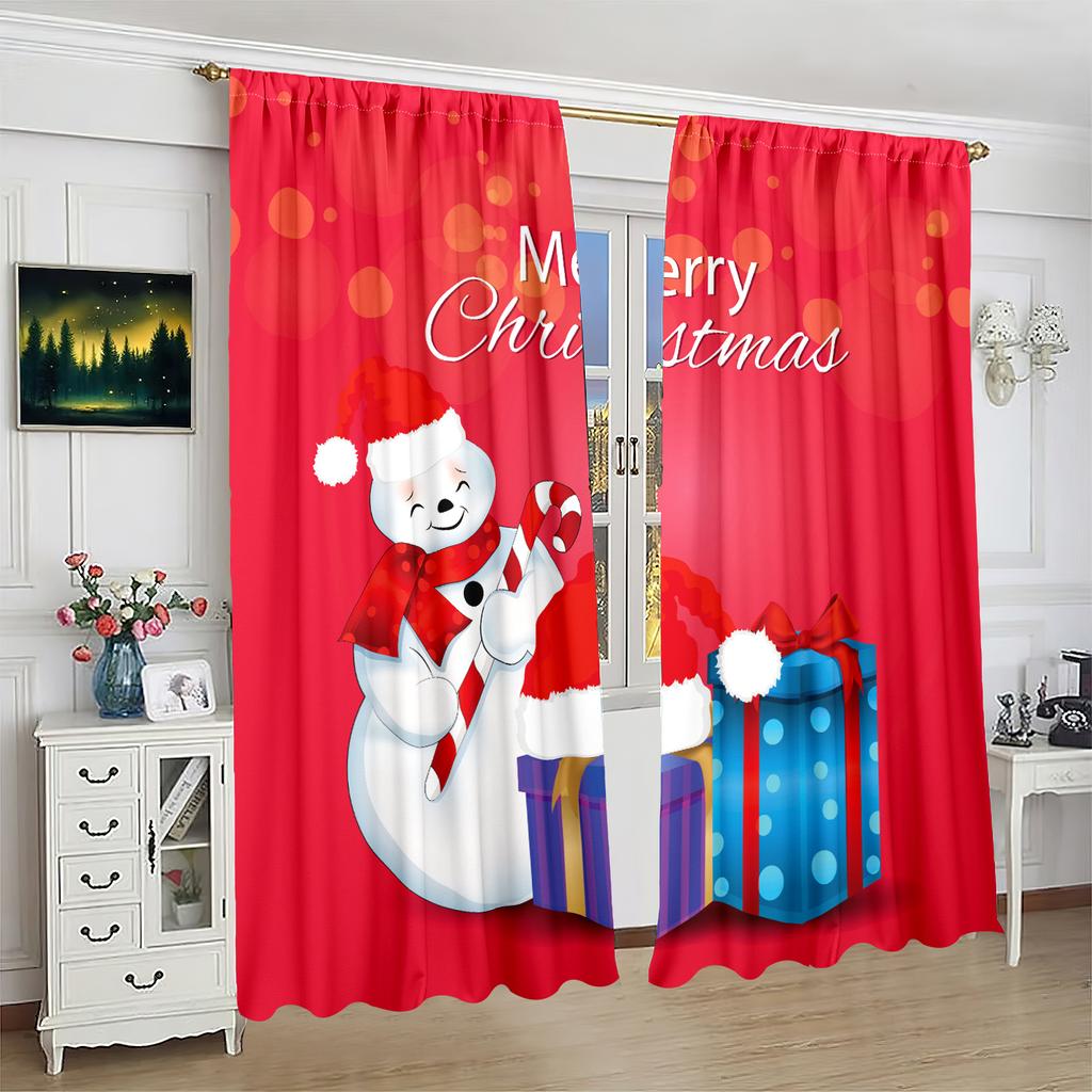 2 Pieces- Of Winter Decoration Snowman Print Curtain - Polyester Material, Suitable For Bedroom, Living Room, Study