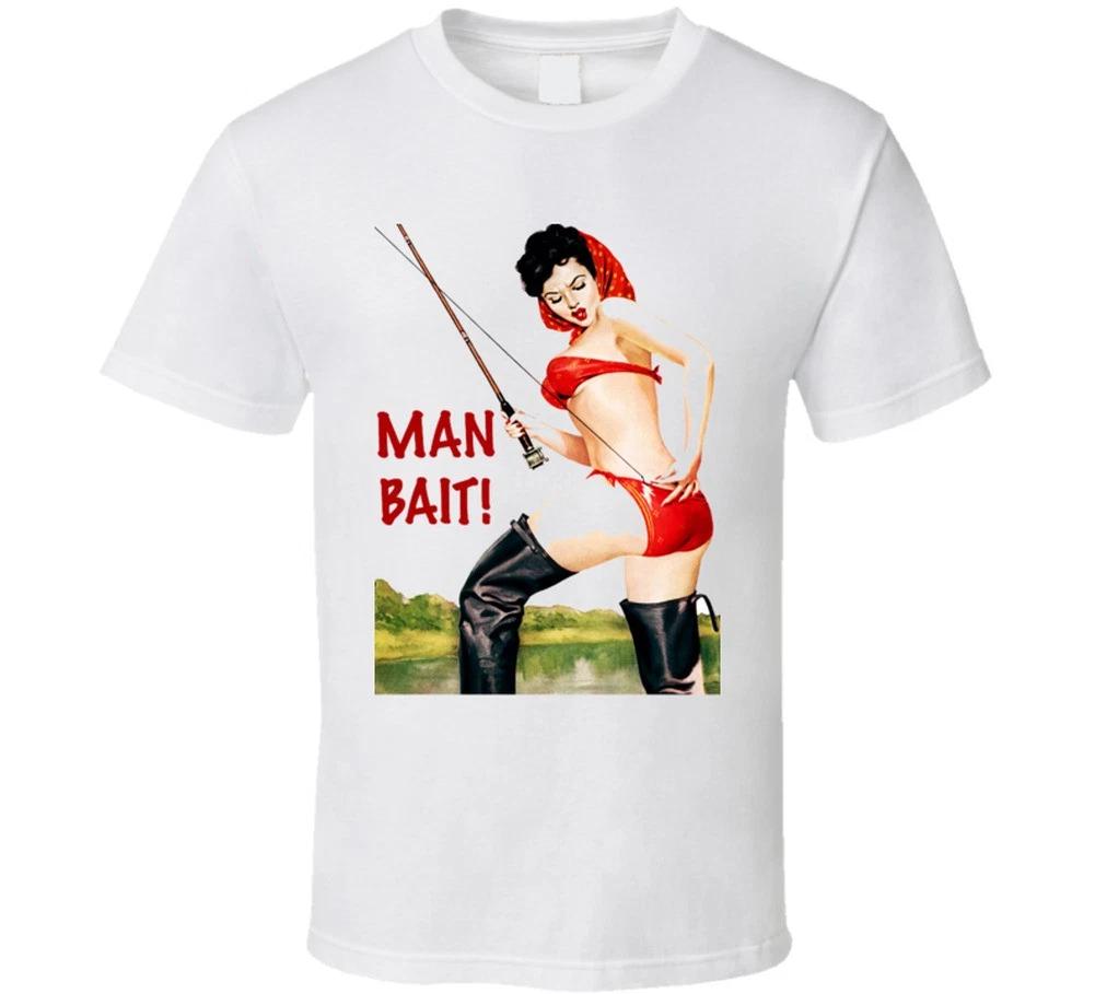 

Fishing Gift T-shirt Retro Man Bait T Shirt Vintage Tee Womens Pinup Funny 50s S