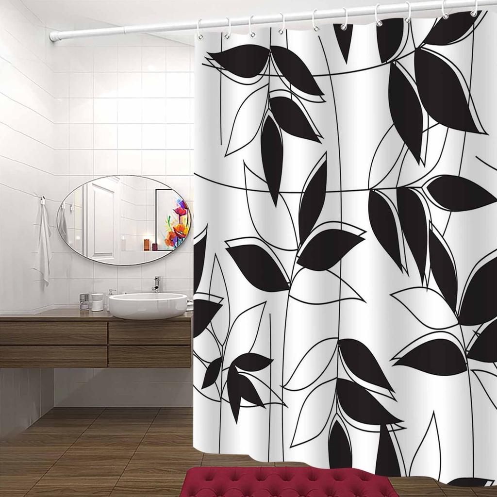 Minimalist Nordic black and white leaf pattern shower curtain, polyester fabric, machine washable, suitable for bathroom décor.