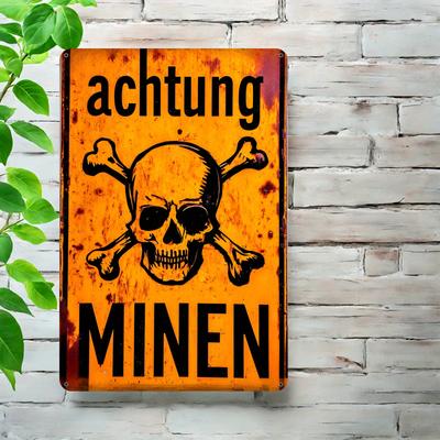 Vintage Niemiecki Znak Ostrzegawczy Achtung Minen Metalowa Sztuka Ścienna Rustykalny Żelazny Czaszka z Piszczelami Wstępnie Wywiercone Otwory dla Łatwego
