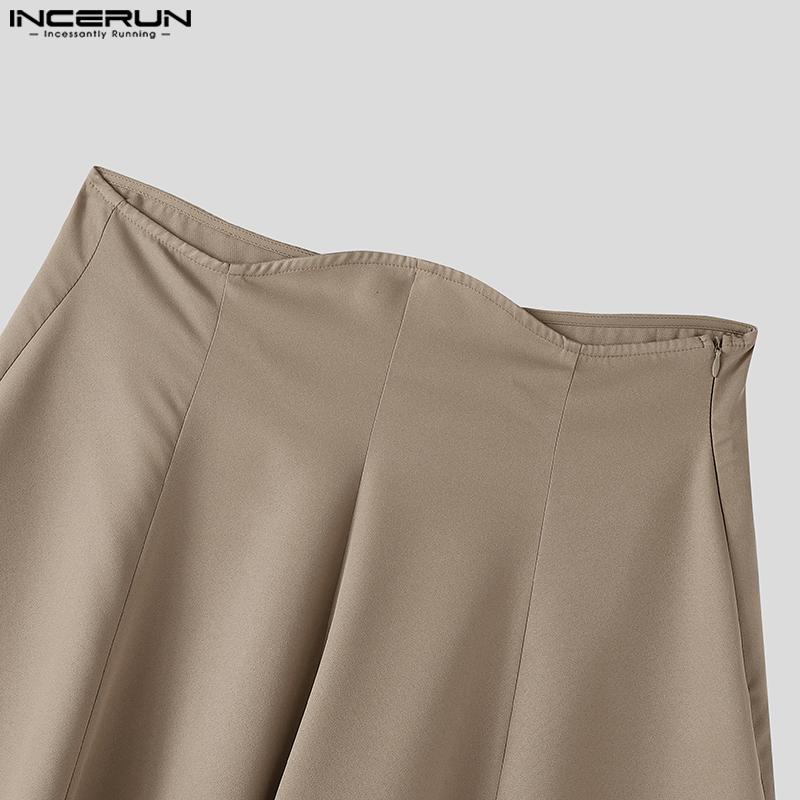 INCERUN Men Zipper Up Asymmetry High Waist Casual Long Wide Legs Pants Trousers