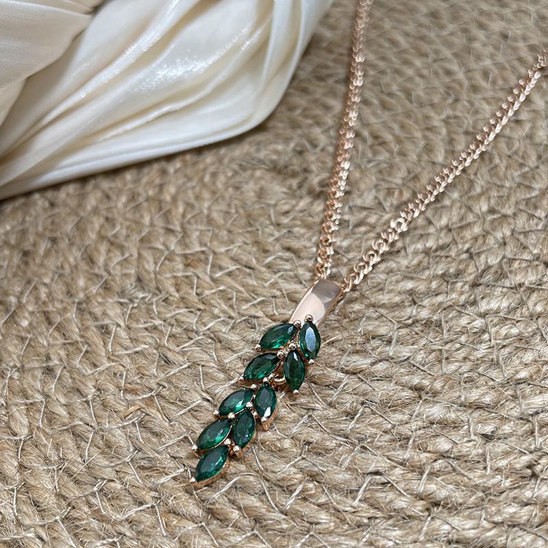 Vintage Green Zircon Leaf Pendant Necklace Rose Gold Color Luxury Dangle Necklace For Women Gift