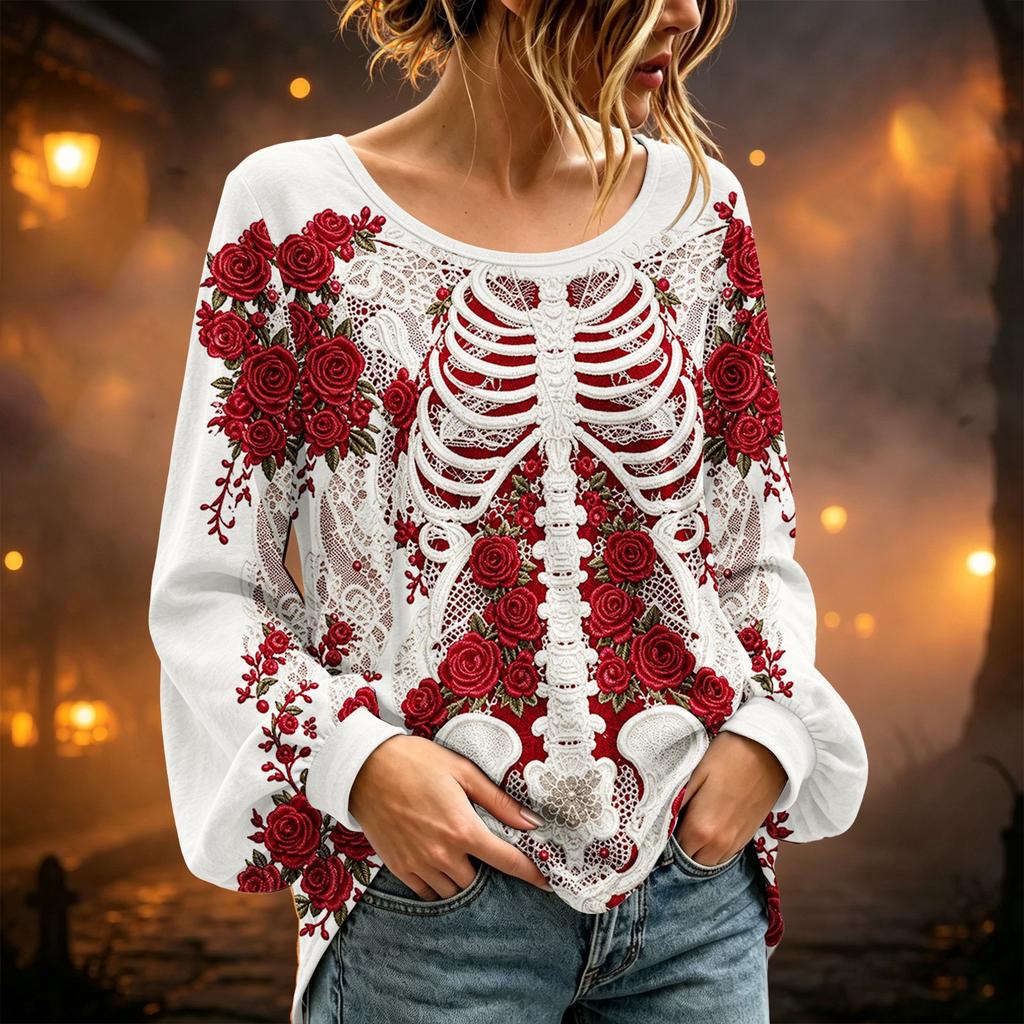 Women's Round Neck Long Sleeve Halloween Print Blouse Top for Party Wear