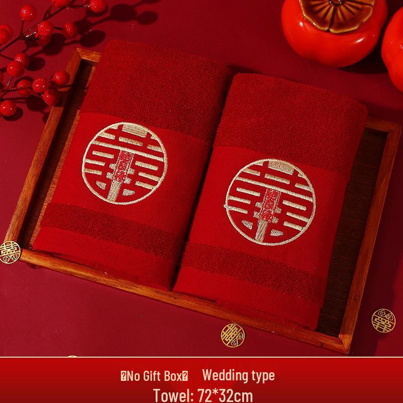 Red Wedding Towel Pair with Festive Gift Bag - Dowry Face Washing Souvenir