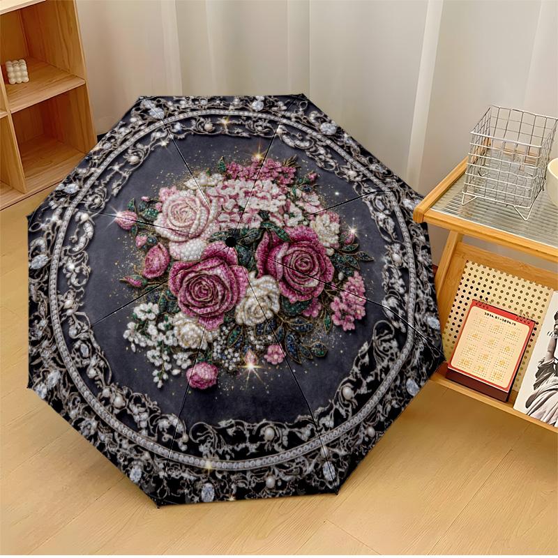 

Jeweled Blue Lotus Theme Automatic Umbrella Compact 8-Rib Design Sturdy Construction Durable Umbrella Stylish Accessory