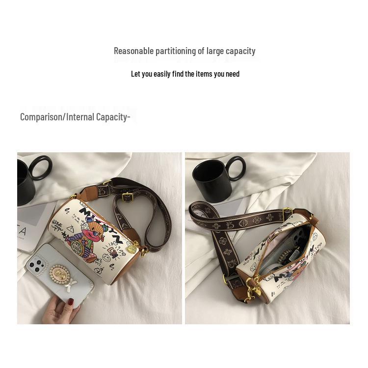 Korean Style 2025 Autumn Chic Women's Crossbody Graffiti Cylinder Handbag