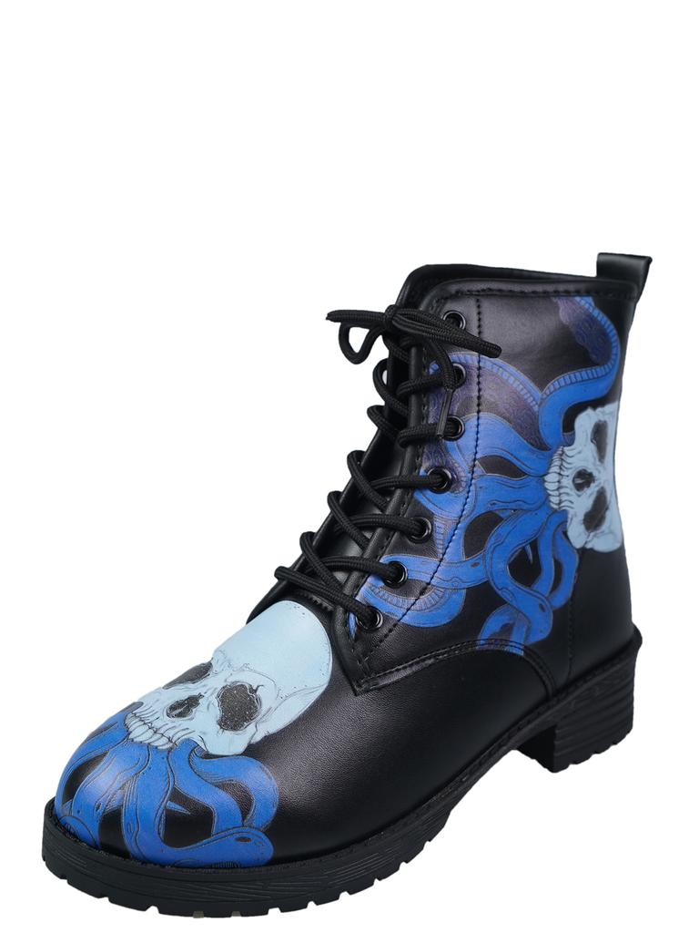 2024 Nouvelles Bottines pour Femmes Chaussures à Talons Bas Bottes Moto Tête de Mort Rétro en Cuir PU Automne et Hiver Chaudes Hautes Neige