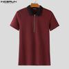INCERUN Men Lapel Neck Stitching Short Sleeve Zipper Splits Fitted Casual Tops T-shirts