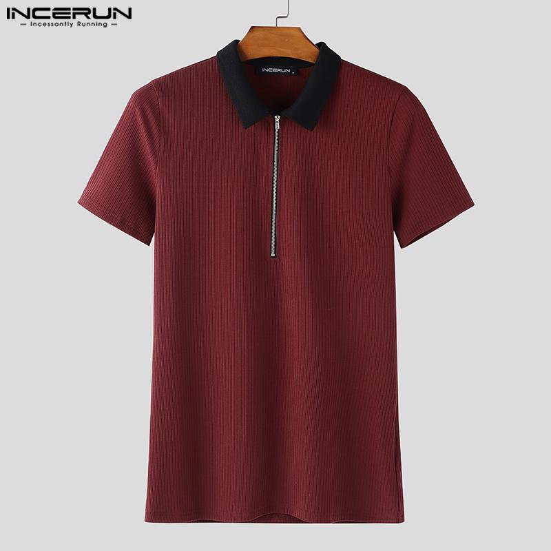 INCERUN Men Lapel Neck Stitching Short Sleeve Zipper Splits Fitted Casual Tops T-shirts