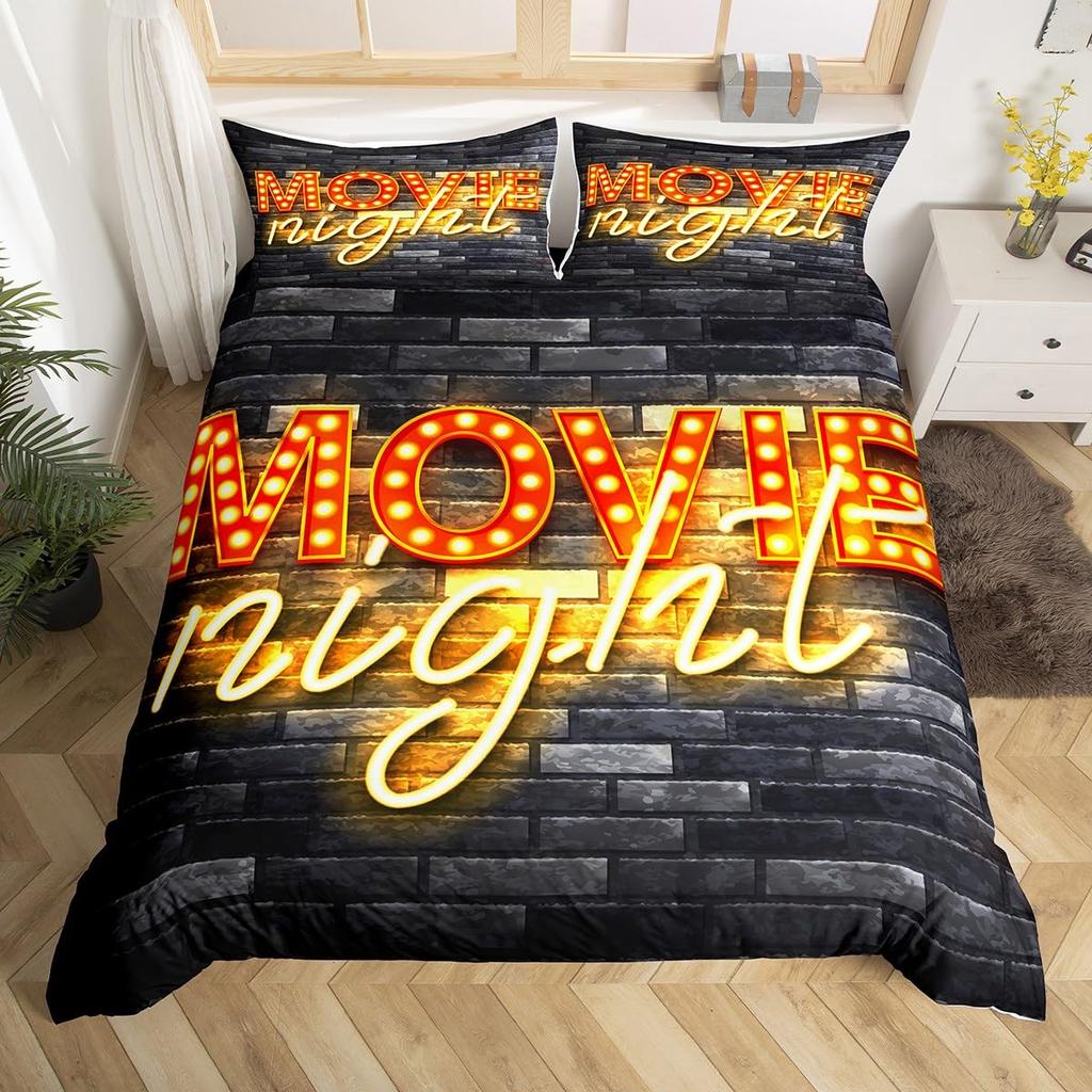 Movie Themed Bedding Set Full Queen for Boys Girls Family Home Theater Decor Vintage Comforter Cover Film Theme Duvet Cover Set