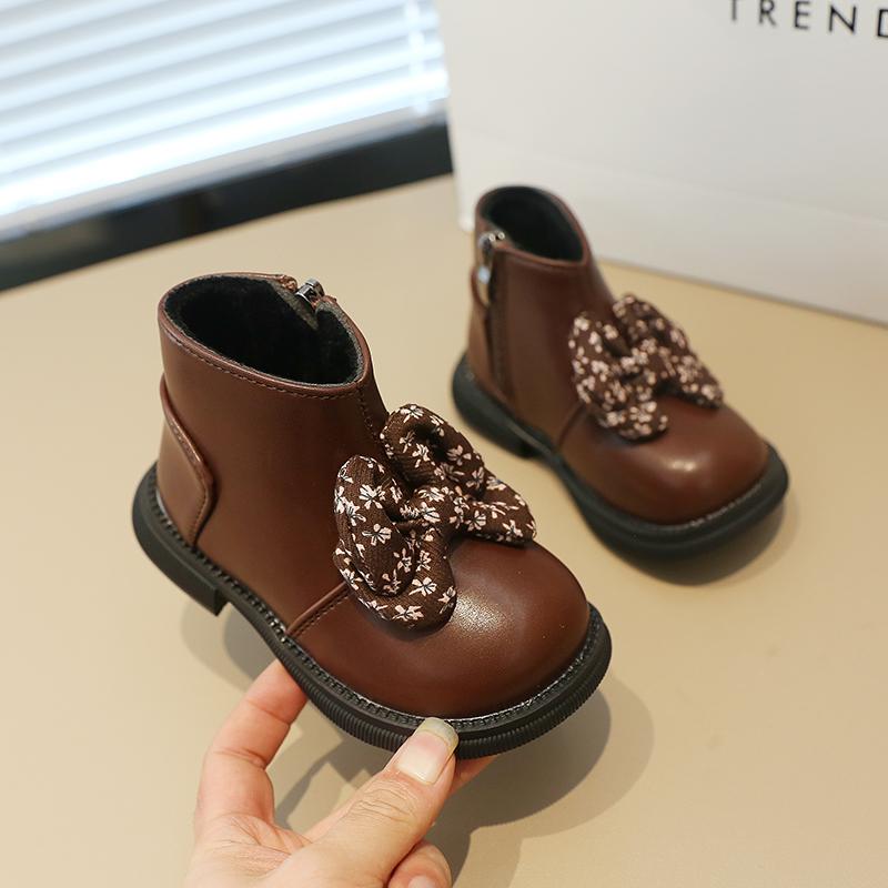 2024 Neue Mädchenstiefel Vielseitiger Blumendruck Schleife Schlichte Kinder Stiefeletten Seitenreißverschluss Mode Kinder Chelsea Boots Drop Shipping
