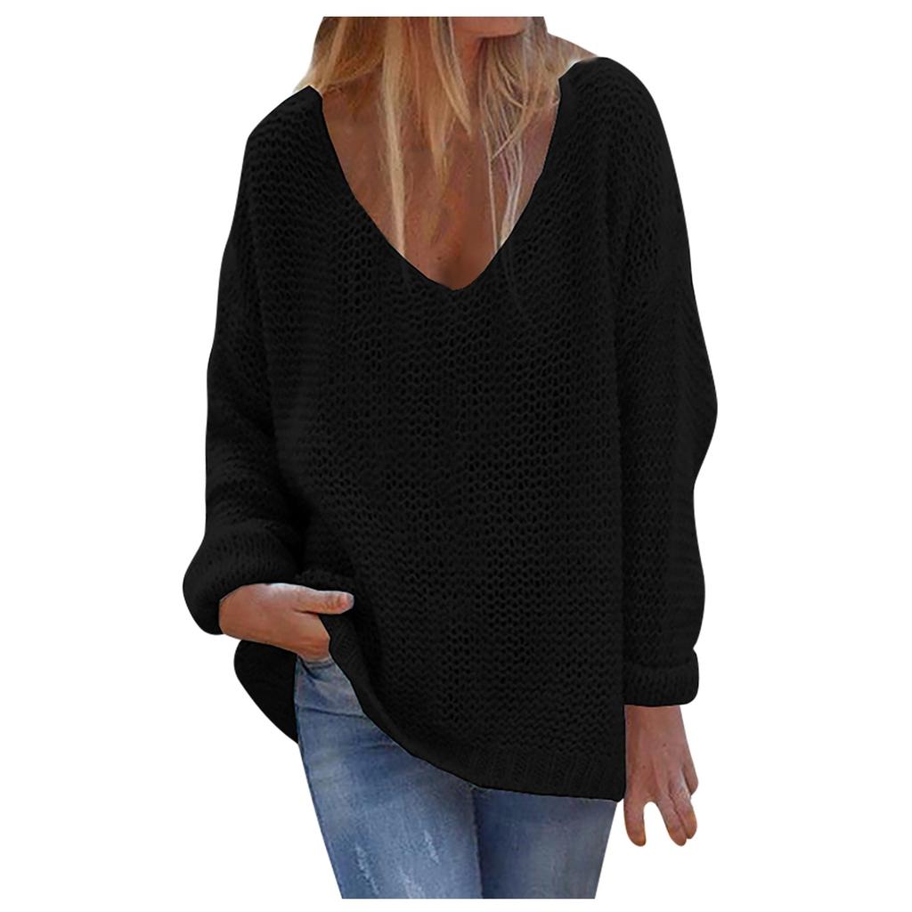 Women's  And Winter Loose Solid Color V-neck Long-Sleeved Knit