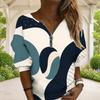 Women Plus Size V Neck Front Zip Sweatshirt Long Sleeve Ribbed Cuffs Geometric Printed Blue White
